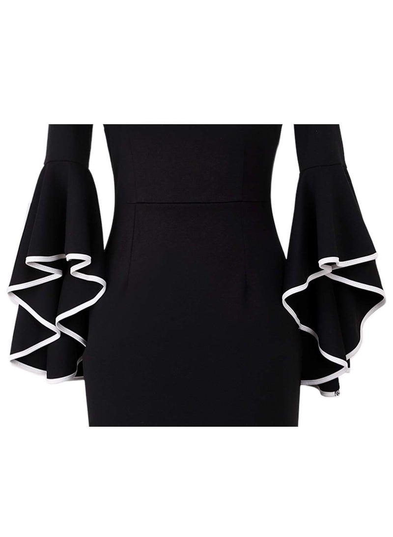 VFSHOW Womens Ruffle Bell Sleeves Cocktail Party Wedding Guest Slim Bodycon Graduation Birthday Party Pencil Sheath Dress (Black with White Piping, X-Large) 5318 BLK XL - Image 4